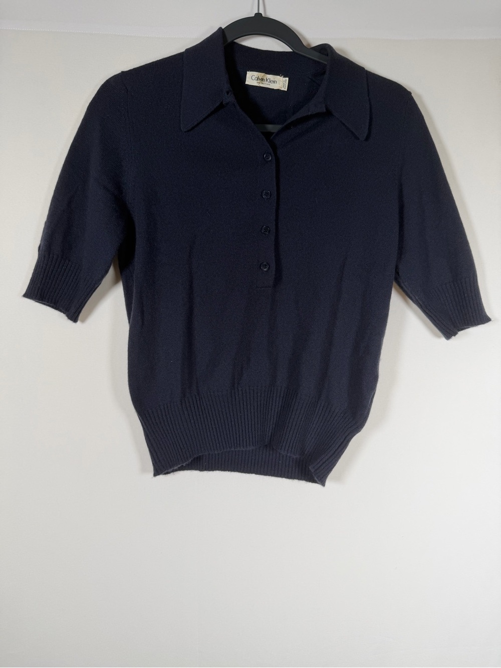 Vintage Calvin Klein Navy Short-Sleeve Polo Cashmere Top Quiet Luxury, Old Money